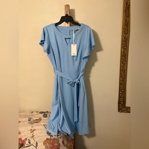 Grace Karin Sky Blue Keyhole Flutter Sleeve Midi Dress with Tie Waist